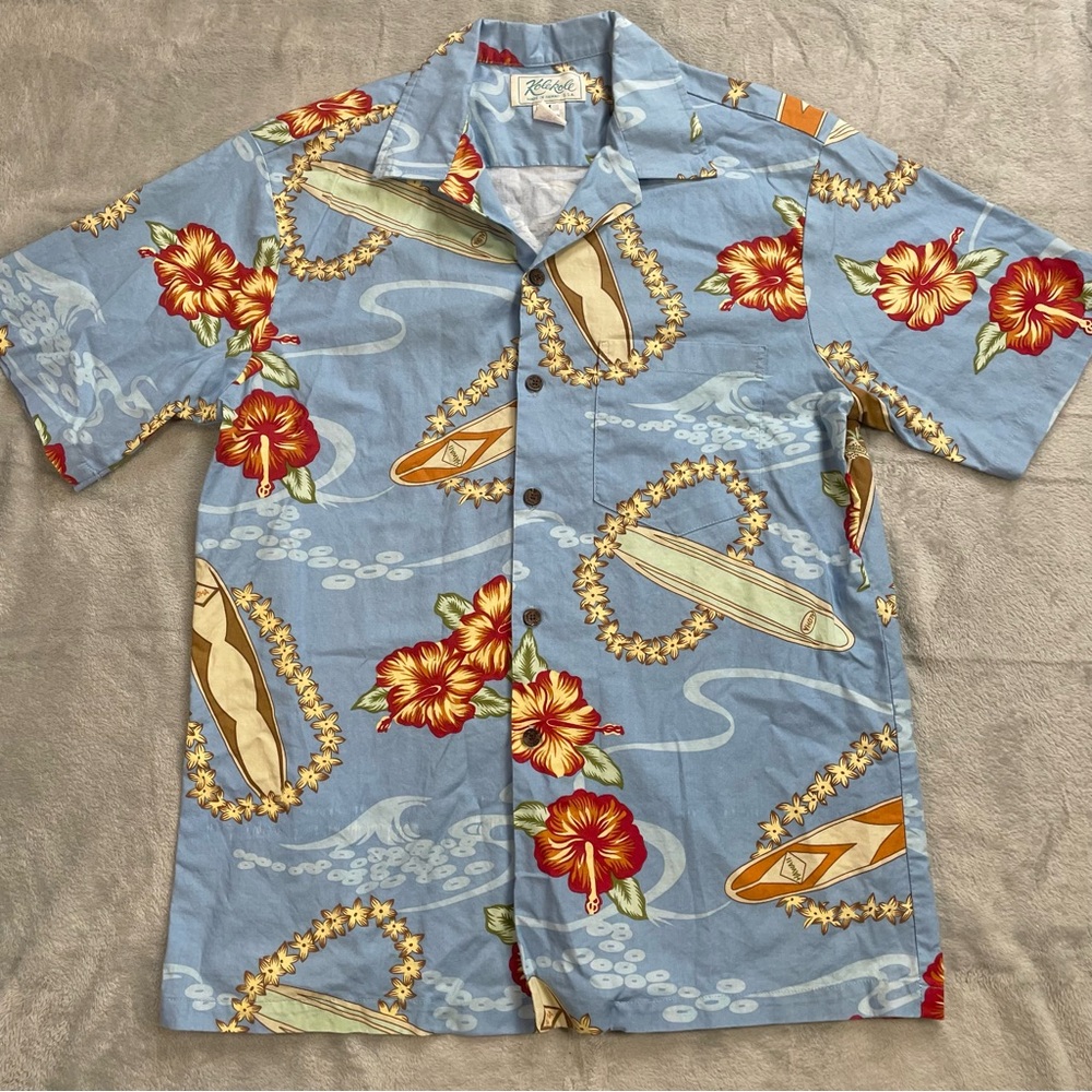Kolekole Shirt Medium Men’s Hawaiian Tropical Floral Surfboard Blue Vintage USA
